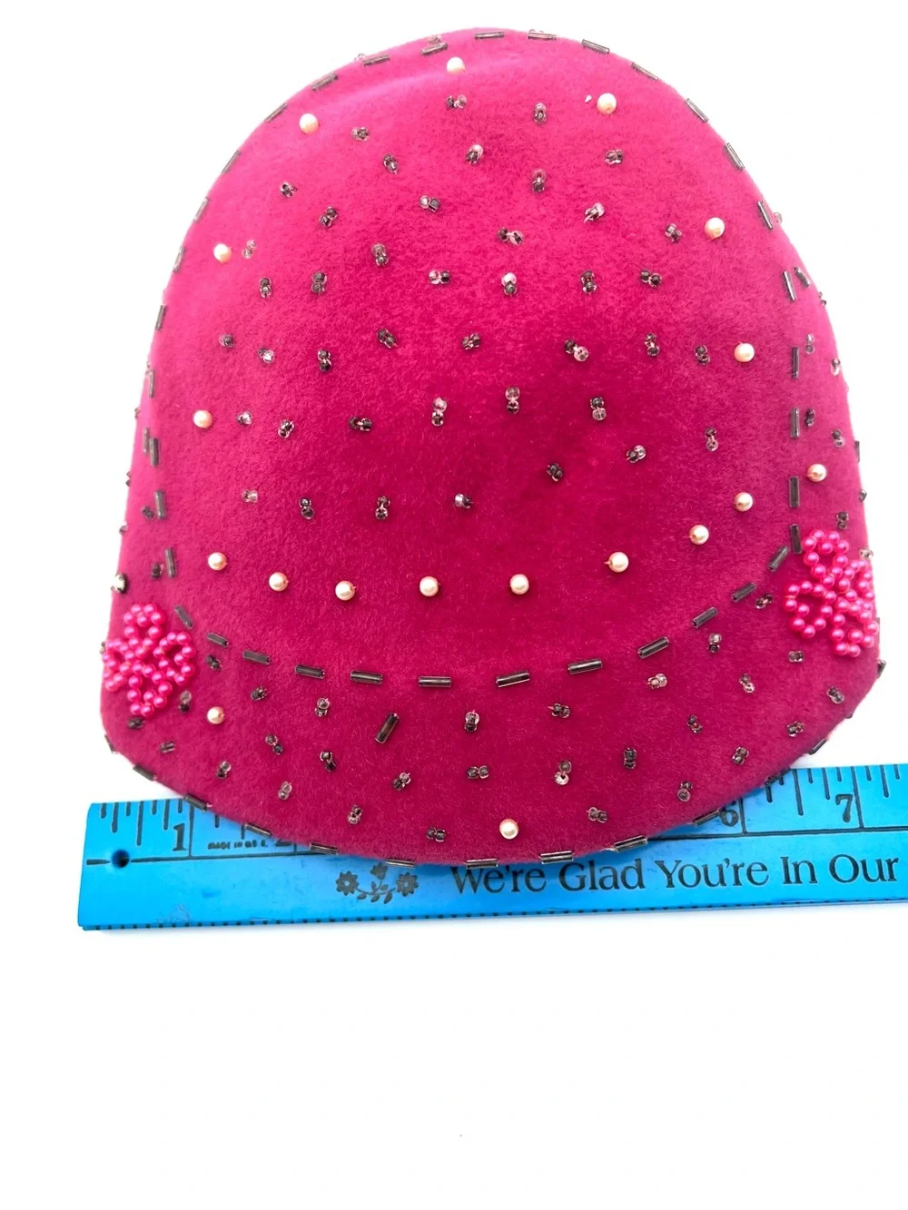 Vintage Lee Pink Genuine Velour Beaded Cocktail Hat Pearls Floral 1940s mid cent